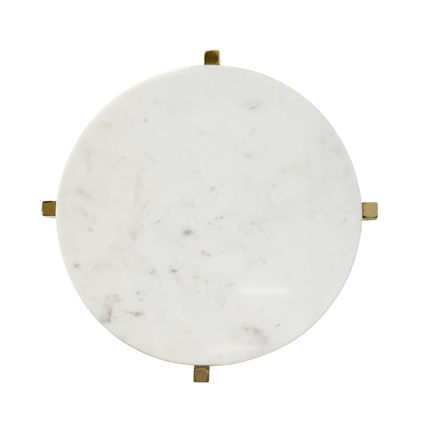 ROUND SIDE TABLE WITH BRASS X BASE AND WHITE MARBLE TOP