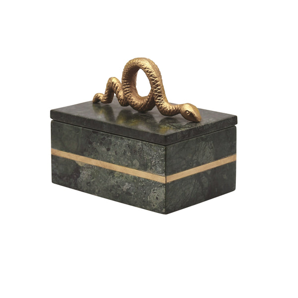 GREEN MARBLE BOX WITH BRUSHED BRASS DETAIL AND BRASS SNAKE HANDLE