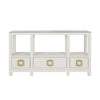 OPEN SHELF CONSOLE WITH THREE BOTTOM DRAWERS AND SQUARE SATIN BRASS HARDWARE IN WHITE TEXTURED LINEN