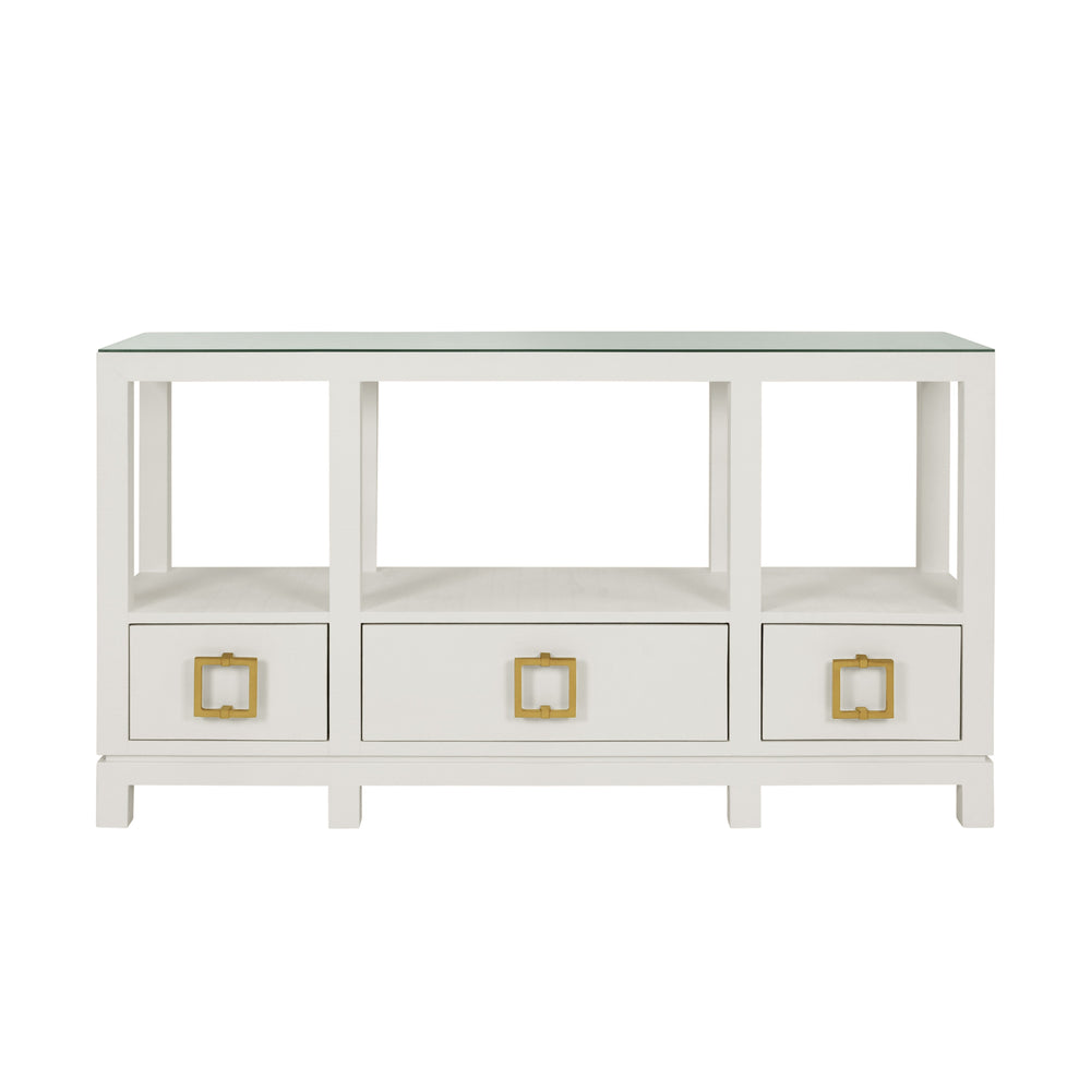 OPEN SHELF CONSOLE WITH THREE BOTTOM DRAWERS AND SQUARE SATIN BRASS HARDWARE IN WHITE TEXTURED LINEN