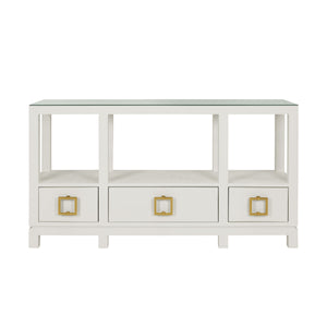 OPEN SHELF CONSOLE WITH THREE BOTTOM DRAWERS AND SQUARE SATIN BRASS HARDWARE IN WHITE TEXTURED LINEN