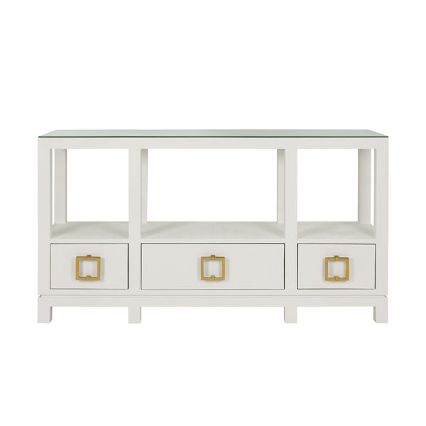 OPEN SHELF CONSOLE WITH THREE BOTTOM DRAWERS AND SQUARE SATIN BRASS HARDWARE IN WHITE TEXTURED LINEN