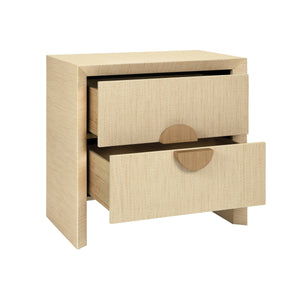 TWO DRAWER SIDE TABLE IN NATURAL GRASSCLOTH WITH CERUSED OAK HANDLES