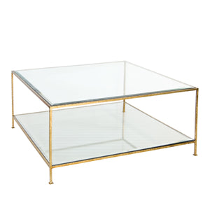 HAMMERED GOLD LF SQUARE COFFEE TABLE W BVLD GLASS