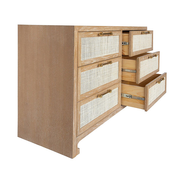 SIX DRAWER CANE FRONT CHEST WITH BRASS HARDWARE IN CERUSED OAK FINISH