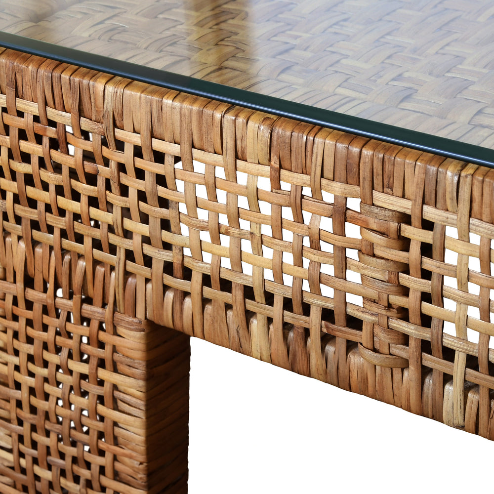 WIDE LEG RECTANGULAR RATTAN COFFEE TABLE WITH GLASS TOP