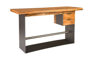 Iron Frame Standing Desk with Drawers, Chamcha Wood, Natural, Bar Height 