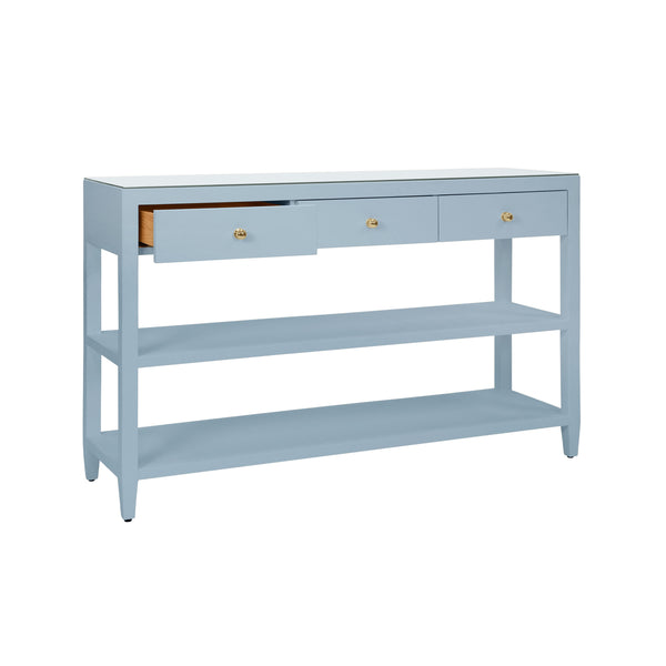 THREE DRAWER CONSOLE WITH TWO OPEN SHELVES IN TEXTURED LIGHT BLUE LINEN WITH POLISHED BRASS KNOBS