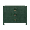 THREE DRAWER CHEST WITH ANTIQUE BRASS CIRCLE HARDWARE IN DYED GREEN GRASSCLOTH