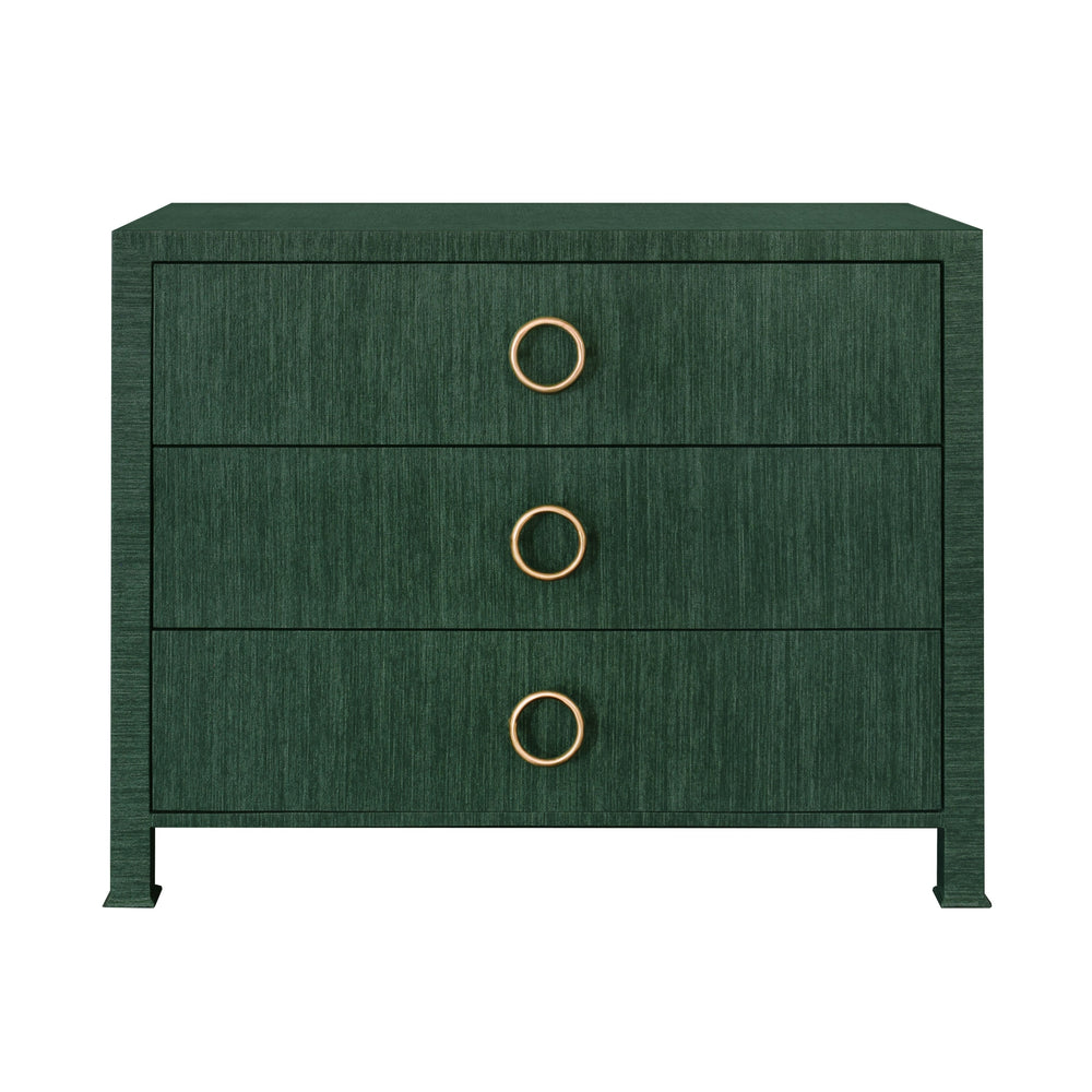 THREE DRAWER CHEST WITH ANTIQUE BRASS CIRCLE HARDWARE IN DYED GREEN GRASSCLOTH