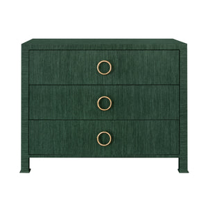 THREE DRAWER CHEST WITH ANTIQUE BRASS CIRCLE HARDWARE IN DYED GREEN GRASSCLOTH