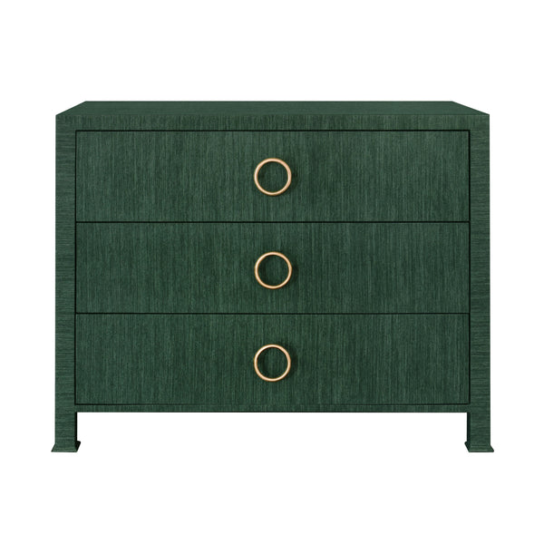 THREE DRAWER CHEST WITH ANTIQUE BRASS CIRCLE HARDWARE IN DYED GREEN GRASSCLOTH