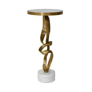 ROUND SCULPTURAL LOOP BASE SIDE TABLE IN ANTIQUE BRASS WITH INSET MIRROR TOP