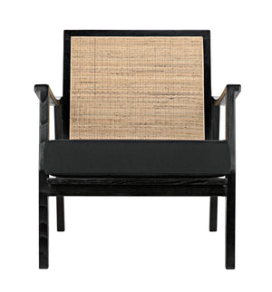 Lichtenstein Sungkai and Mindi Wood Chair with Peeled Rattan Detailing in Charcoal Black with Black Cotton Upholstery
