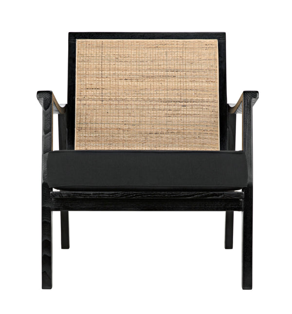 Lichtenstein Sungkai and Mindi Wood Chair with Peeled Rattan Detailing in Charcoal Black with Black Cotton Upholstery