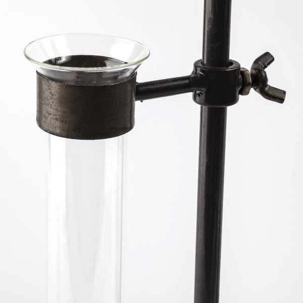 Jarvis Set of Five Dark Brown Metal and Glass Chemistry Inspired Bottles