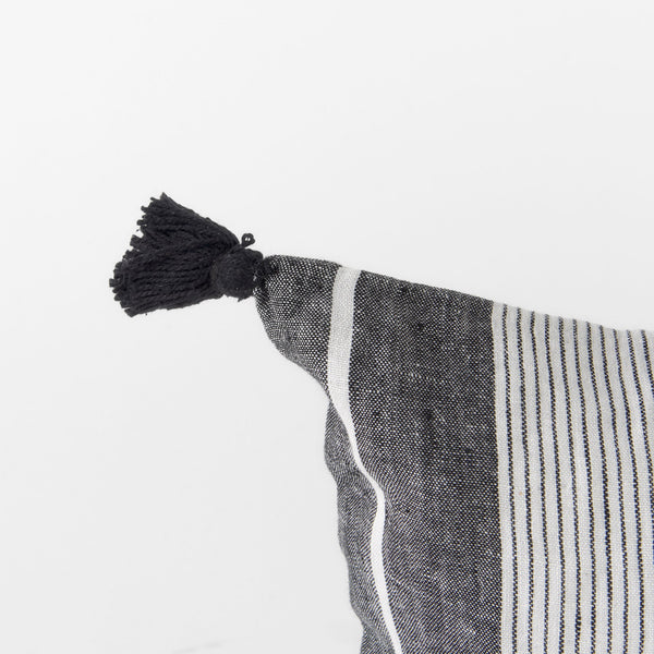 Kimia 14L x 26W White and Black Fabric Herringbone and Fringed Decorative Pillow Cover