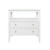 TWO DRAWER SIDE TABLE WITH OPEN TOP SHELF IN TEXTURED WHITE LINEN WITH POLISHED BRASS KNOBS
