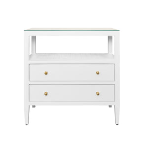 TWO DRAWER SIDE TABLE WITH OPEN TOP SHELF IN TEXTURED WHITE LINEN WITH POLISHED BRASS KNOBS