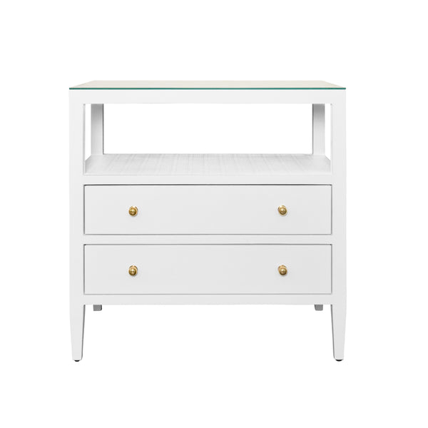 TWO DRAWER SIDE TABLE WITH OPEN TOP SHELF IN TEXTURED WHITE LINEN WITH POLISHED BRASS KNOBS