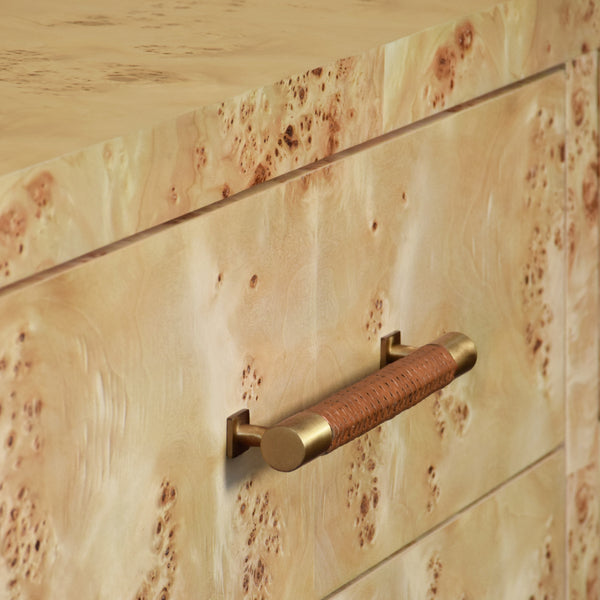 SIX DRAWER CHEST WITH RATTAN WRAPPED HANDLES IN BURL WOOD
