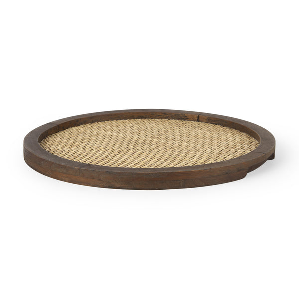 Silas Cane and Medium Brown Wood Round Tray