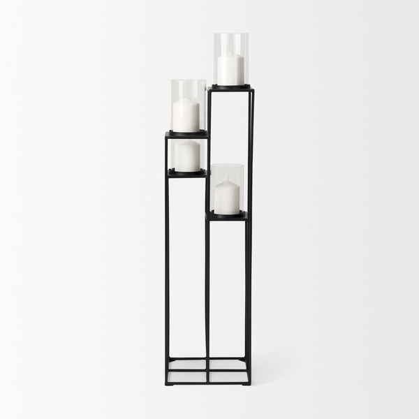 Cindy 4-Tier, Matte Black Metal w/ Hurricane Glass, Pillar Candle Floor Lantern