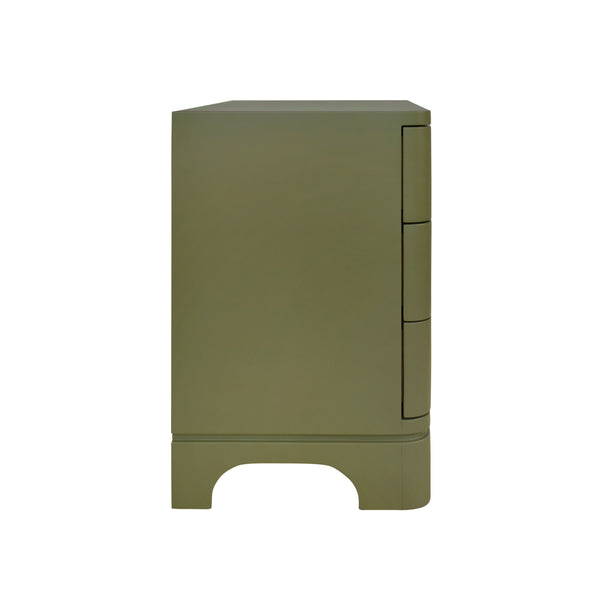 THREE DRAWER ROUNDED EDGE SIDE TABLE WITH BRASS BEETLE KNOB IN OLIVE GREEN MATTE LACQUER