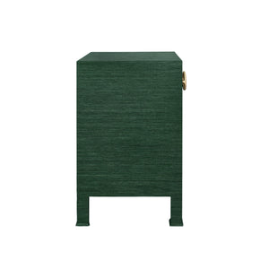 ONE DRAWER SIDE TABLE WITH ANTIQUE BRASS CIRCLE HARDWARE IN DYED GREEN GRASSCLOTH