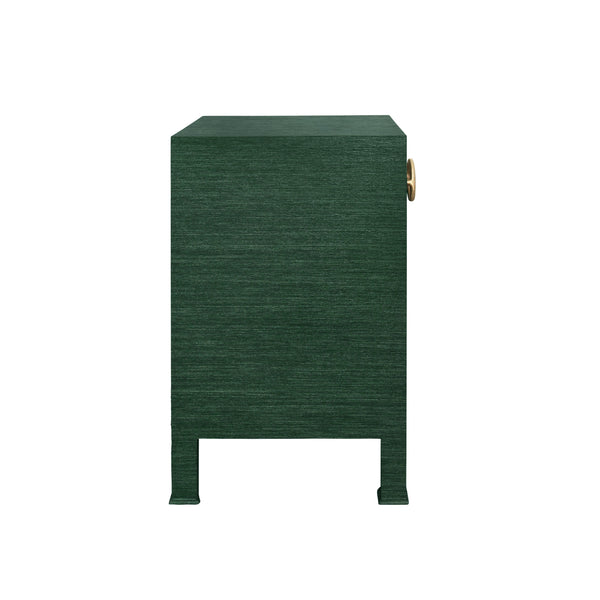 ONE DRAWER SIDE TABLE WITH ANTIQUE BRASS CIRCLE HARDWARE IN DYED GREEN GRASSCLOTH