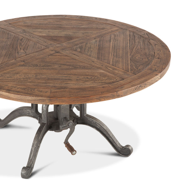 Industrial Loft 42-Inch Round Coffee Table with Reclaimed Teak Top and Adjustable Crank