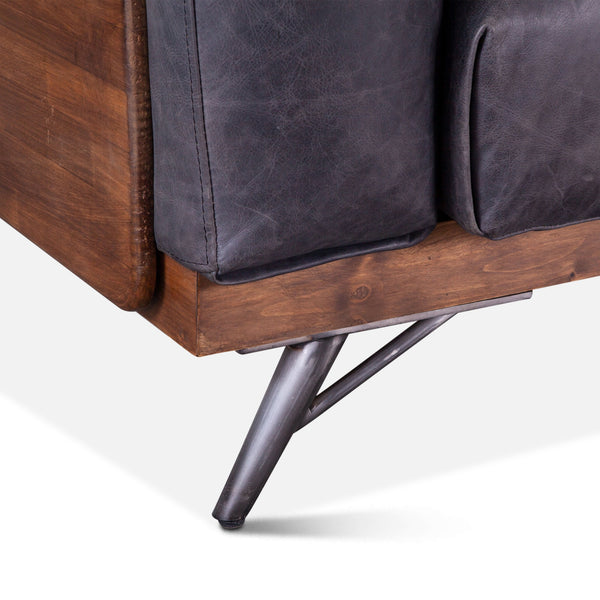 Mid-Century Leather and Wood Sofa, Antique Ebony