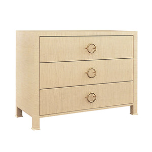 THREE DRAWER CHEST WITH ANTIQUE BRASS CIRCLE HARDWARE IN NATURAL GRASSCLOTH
