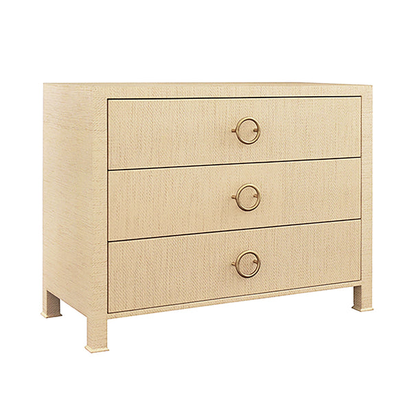 THREE DRAWER CHEST WITH ANTIQUE BRASS CIRCLE HARDWARE IN NATURAL GRASSCLOTH