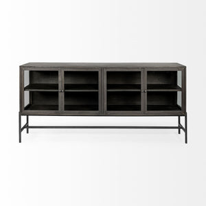 Arelius 70x18 Black-Brown Wood, Black Metal Base w/ 4 Glass Cabinet Doors Sideboard
