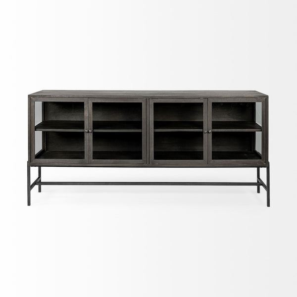 Arelius 70x18 Black-Brown Wood, Black Metal Base w/ 4 Glass Cabinet Doors Sideboard