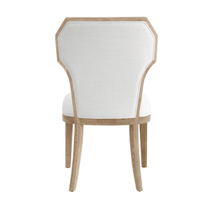 DINING CHAIR WITH CURVED ANGLE BACK IN CERUSED OAK WITH PERFORMANCE WHITE LINEN UPHOLSTERY