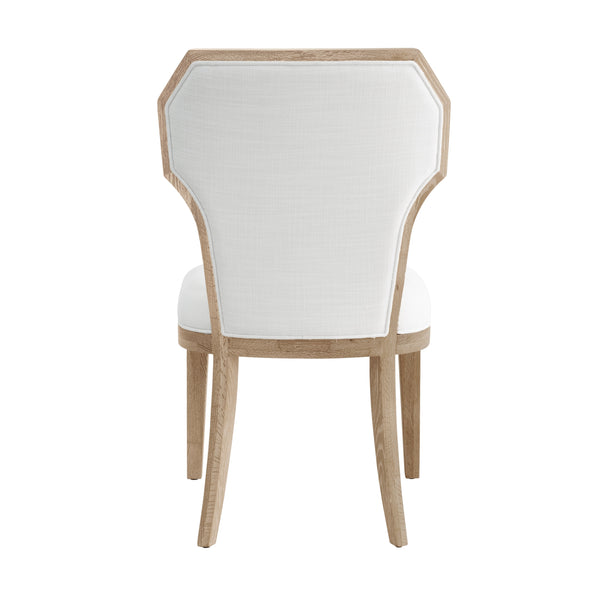 DINING CHAIR WITH CURVED ANGLE BACK IN CERUSED OAK WITH PERFORMANCE WHITE LINEN UPHOLSTERY
