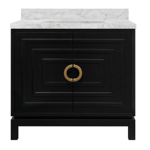 BATH VANITY IN MATTE BLACK LACQUER WITH ANTIQUE BRASS CIRCLE HARDWARE, WHITE MARBLE TOP, AND PORCELAIN SINK