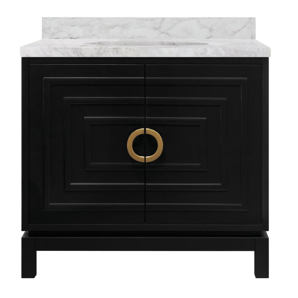 BATH VANITY IN MATTE BLACK LACQUER WITH ANTIQUE BRASS CIRCLE HARDWARE, WHITE MARBLE TOP, AND PORCELAIN SINK