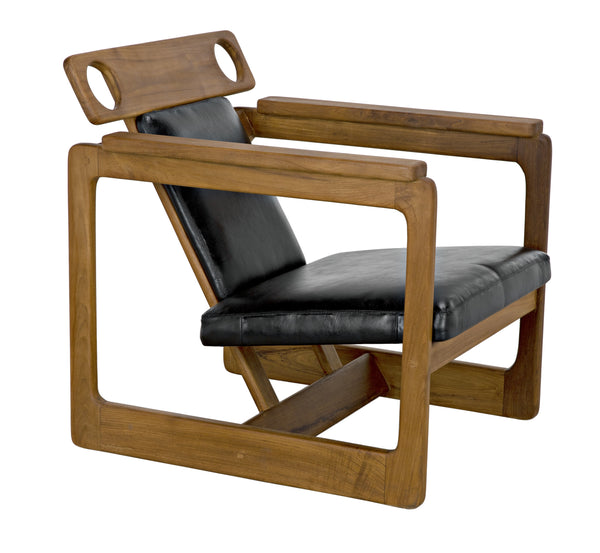 Buraco Teak Relax Chair with Gloss Finish and Black Leather Upholstery