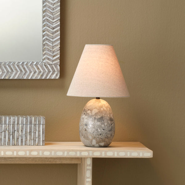 Capsule Travertine Table Lamp with Linen Shade