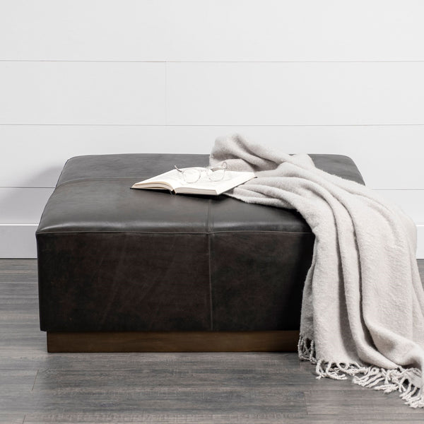 Minara 36" Square Black Leather Wrapped w/Metal Base Ottoman