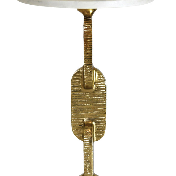 ROUND CIGAR TABLE WITH INTERLOCKING HAMMERED BRASS BASE AND WHITE MARBLE TOP