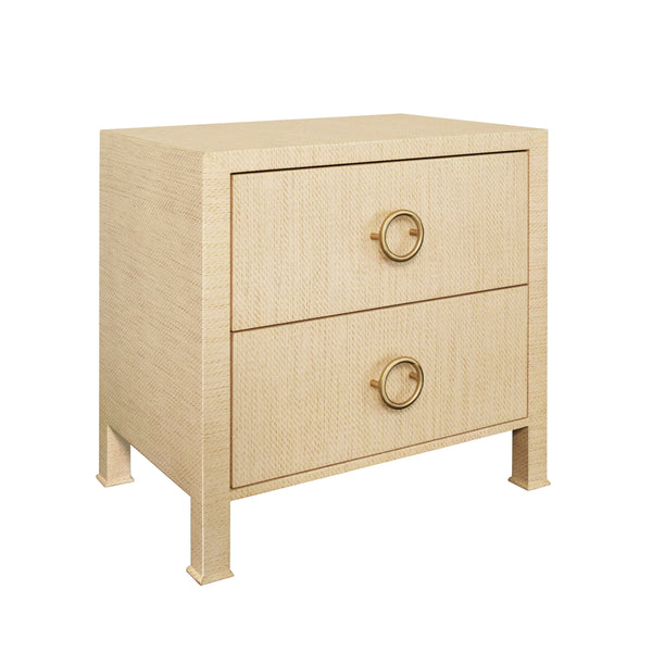 TWO DRAWER SIDE TABLE WITH ANTIQUE BRASS CIRCLE HARDWARE IN NATURAL GRASSCLOTH