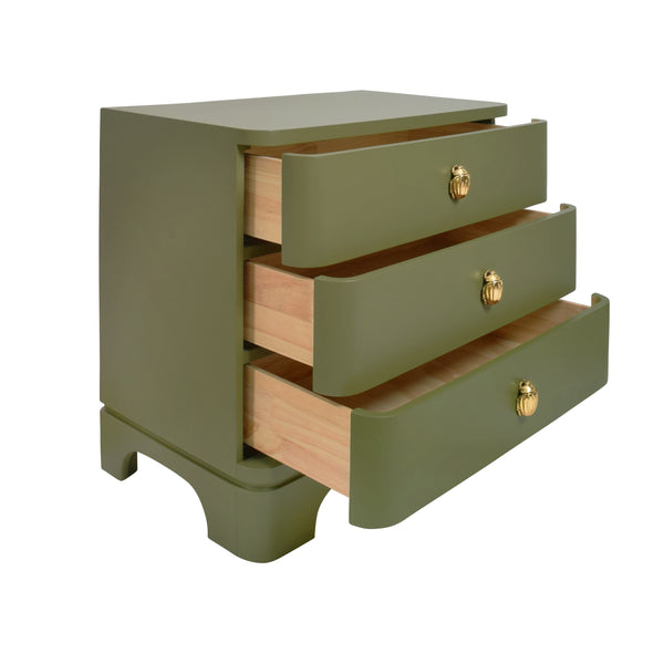 THREE DRAWER ROUNDED EDGE SIDE TABLE WITH BRASS BEETLE KNOB IN OLIVE GREEN MATTE LACQUER