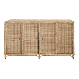 FOUR DOOR BUFFET IN FULLY WRAPPED RATTAN WITH SATIN BRASS PULLS