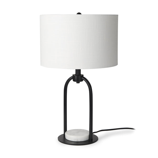 Sarah 15.0L x 10.0W x 22.2H Arched Black Metal W/Marble Cube and White Shade Table Lamp