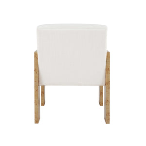 SQUARE ARM WOODEN ACCENT CHAIR IN BURL WOOD WITH PERFORMANCE WHITE LINEN UPHOLSTERY