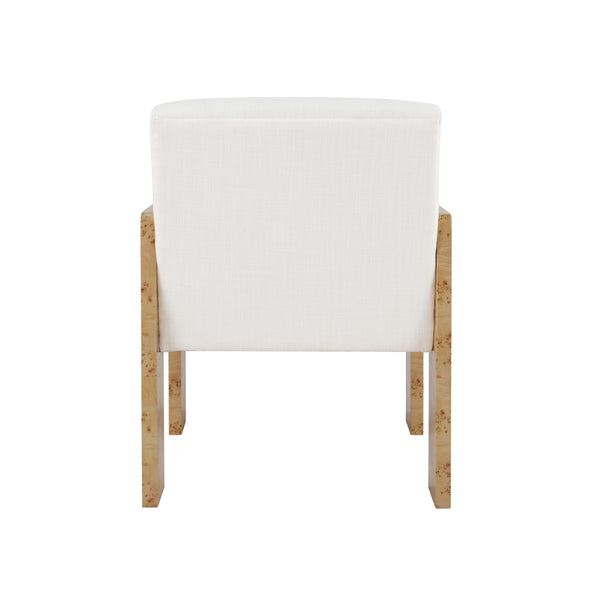SQUARE ARM WOODEN ACCENT CHAIR IN BURL WOOD WITH PERFORMANCE WHITE LINEN UPHOLSTERY